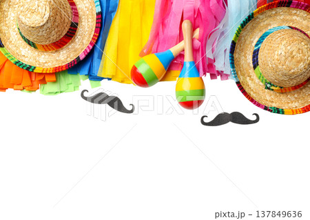 Colorful decorations and hats set for a celebration, isolated, PNG 137849636