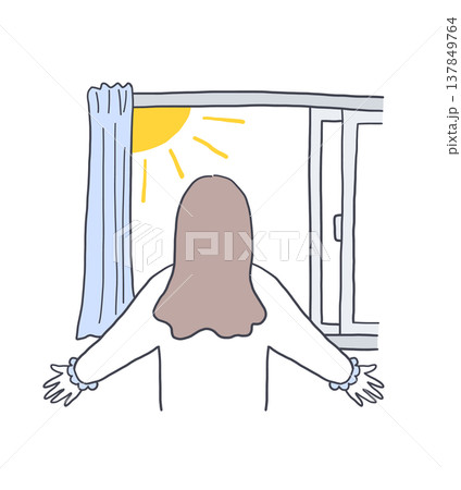 窓を開けて深呼吸をしている後ろ姿の女性のイラスト素材 137849764