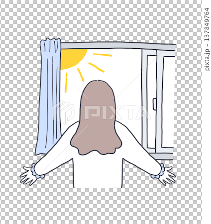 窓を開けて深呼吸をしている後ろ姿の女性のイラスト素材 137849764