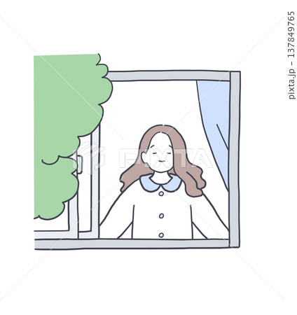 窓を開けて深呼吸をしている女性のイラスト素材 137849765