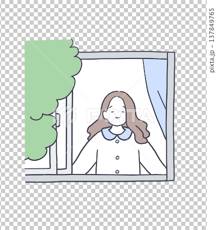 窓を開けて深呼吸をしている女性のイラスト素材 137849765