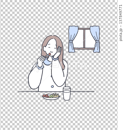 Illustration of a woman eating fruit after a meal 137849771