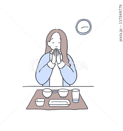 食事が終わってごちそうさまをする女性のイラスト素材 食事が終わってごちそうさまをする女性のイラスト素材 137849776