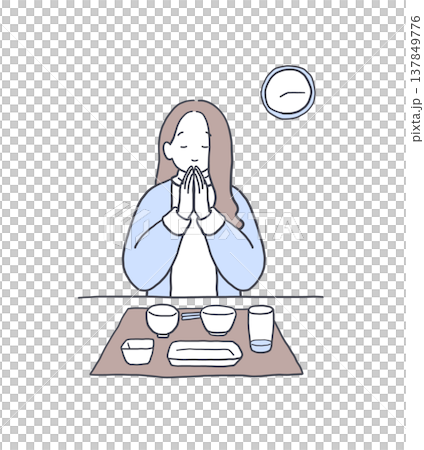 一幅插圖，描繪了一位女士在用餐完畢後說“謝謝你們的款待”。 137849776
