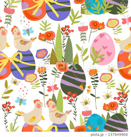 Easter Seamless Pattern with Flowers, Hens and Easter Eggs Easter Seamless Pattern with Flowers, Hens and Easter Eggs 137849908