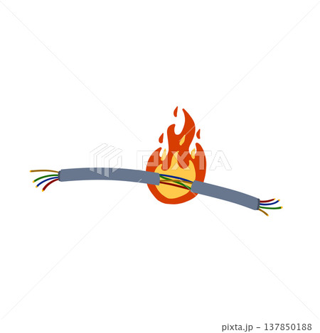 Wire fire, burning electric cable, short circuit damage hazard. Electrical cord flame danger, spark energy power accident. Wire fire industrial safety risk, ignite heat equipment symbol. Wire fire, burning electric cable, short circuit damage hazard. Electrical cord flame danger, spark energy power accident. Wire fire industrial safety risk, ignite heat equipment symbol. 137850188