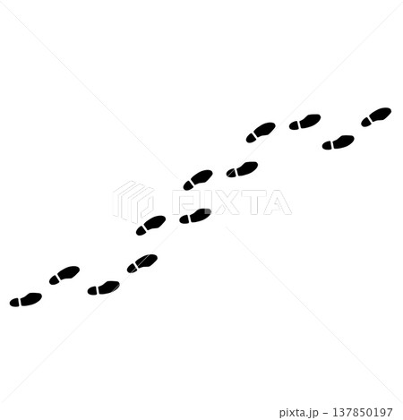 Human footprint curve, black silhouette bare foot track trail isolated on white. Walking person steps, bare human footprint path, organic body part shape. Barefoot print silhouette 137850197