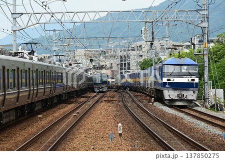 さくら夙川駅を通過する　上り　長大編成貨物列車 137850275