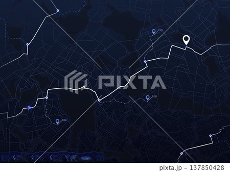 Digital map with road network. Highlights routes with line and several blue location markers with POI and specific destinations. The background is grid of streets and areas, Digital map with road network. Highlights routes with line and several blue location markers with POI and specific destinations. The background is grid of streets and areas, 137850428