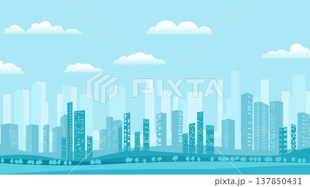 Urban silhouette landscape of modern city. Abstract horizontal banner. Panorama in flat style, header images for web. City buildings of business district. Vector illustration simple geometric Urban silhouette landscape of modern city. Abstract horizontal banner. Panorama in flat style, header images for web. City buildings of business district. Vector illustration simple geometric 137850431