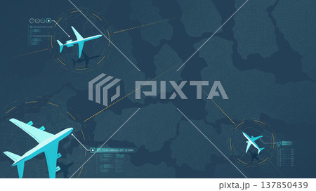 Flight status. Track airplanes flight route data, air traffic. Top view of airplane flying above city map. Plane journey over modern megapolis city residential district. Vector illustration 137850439
