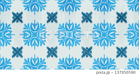 Ikat seamless pattern with floral ethnic motif. Geometric rug textured batik print for textile background. Traditional tribal oriental woven ornament. Decorative grunge illustration Ikat seamless pattern with floral ethnic motif. Geometric rug textured batik print for textile background. Traditional tribal oriental woven ornament. Decorative grunge illustration 137850590