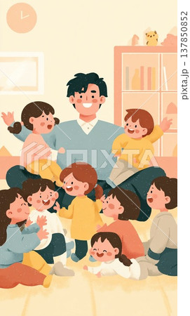 男性保育士_子どもたちの前に立つ_04 137850852