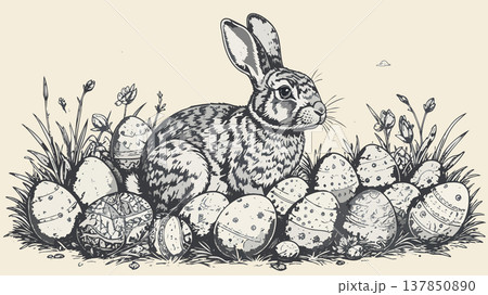 Easter bunny sitting in grass with eggs illustration Easter bunny sitting in grass with eggs illustration 137850890