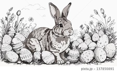 Easter bunny sitting among decorated eggs coloring page Easter bunny sitting among decorated eggs coloring page 137850891
