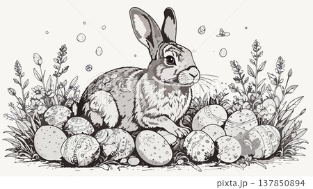 Easter bunny with decorated eggs in spring field grayscale Easter bunny with decorated eggs in spring field grayscale 137850894