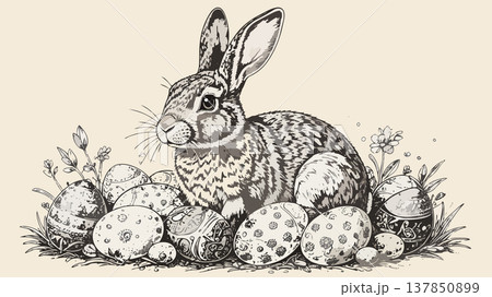 Easter bunny illustrating spring holiday with decorated eggs Easter bunny illustrating spring holiday with decorated eggs 137850899
