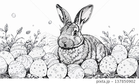 Easter bunny rabbit sitting among decorated eggs Easter bunny rabbit sitting among decorated eggs 137850902