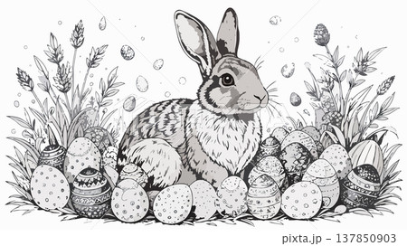 Easter bunny in grass with decorated eggs 137850903