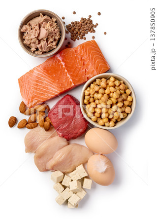 High Protein Food Collection Isolated on White Background. Top View 137850905
