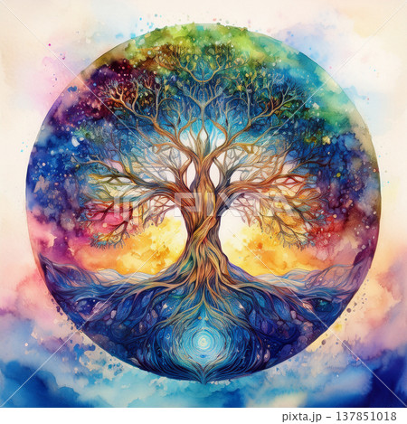 Tree of life watercolor painting representing spiritual cosmos Tree of life watercolor painting representing spiritual cosmos 137851018