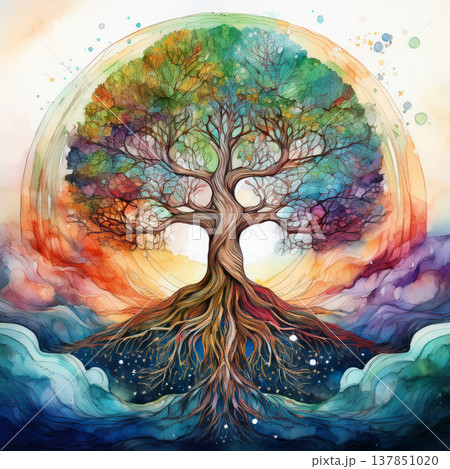 Tree of life watercolor with vibrant colorful roots 137851020