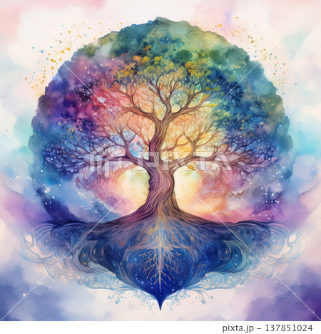 Tree of life watercolor painting representing cosmic spirituality Tree of life watercolor painting representing cosmic spirituality 137851024