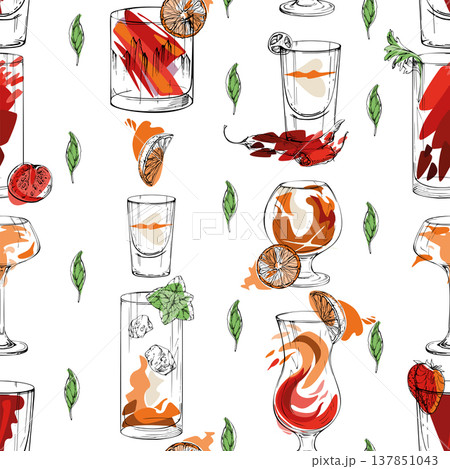 Aperol spritz, Negroni, Flatliner shot, Tequila sunrise ink silhouettes with abstract splatter. Seamless hand drawn vector pattern for mixology blog backdrops, digital kits, stationery containers. 137851043