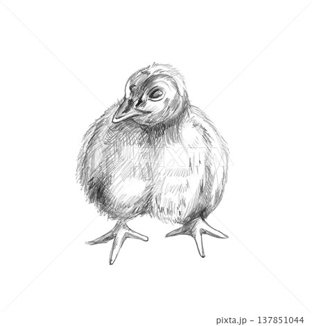 Turkey chick front view. Isolated pencil illustration for children's books, agricultural illustrations, apparel design, greeting cards, food packaging, themed events, and websites. Turkey chick front view. Isolated pencil illustration for children's books, agricultural illustrations, apparel design, greeting cards, food packaging, themed events, and websites. 137851044