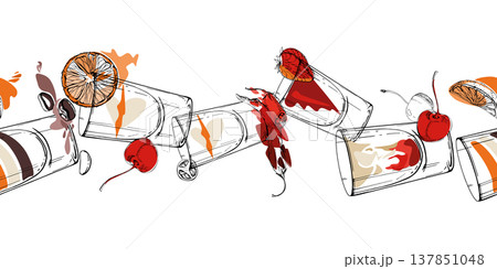 Orange red and cream cocktail mix strip with flat accents and minimal shapes, shot glasses hand drawn in ink. Hand drawn vector seamless banner for festive promotions, product edges, blog sections Orange red and cream cocktail mix strip with flat accents and minimal shapes, shot glasses hand drawn in ink. Hand drawn vector seamless banner for festive promotions, product edges, blog sections 137851048