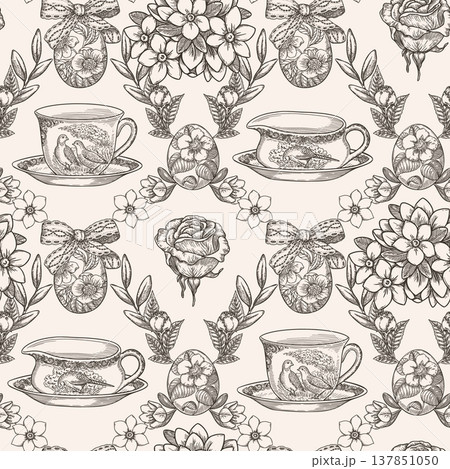 Easter seamless pattern with vintage dishware and rose flower line graphic background. Hand drawn vector grid design in sketch style. Floral print for wallpaper. Perfect for holiday fabric and paper. 137851050