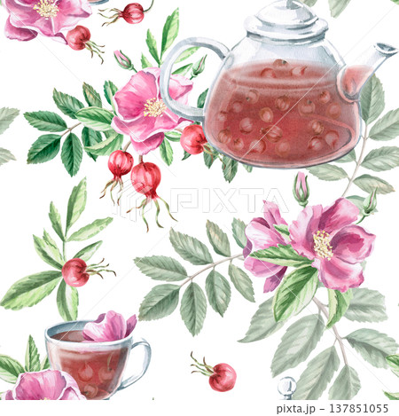 A seamless pattern with flowers, a teapot, and a cup of rosehip tea. Illustration for vegan products, herbal medicine, natural cosmetics, textiles, vintage printing, children's products, packaging. 137851055