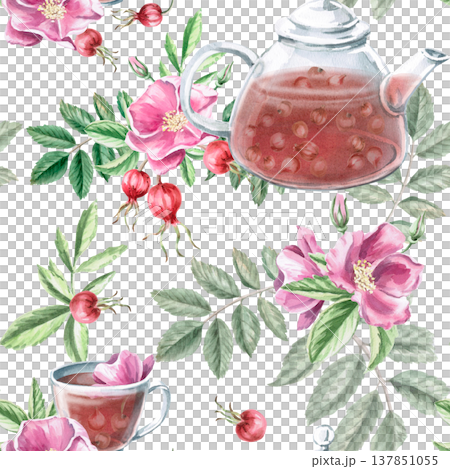 A seamless pattern with flowers, a teapot, and a cup of rosehip tea. Illustration for vegan products, herbal medicine, natural cosmetics, textiles, vintage printing, children's products, packaging. 137851055