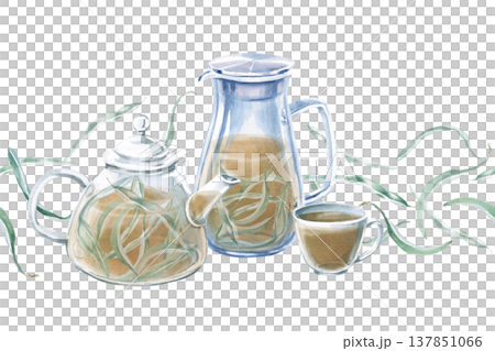 A seamless border with eucalyptus leaves, a teapot, a pitcher and a cup. Isolated watercolor illustration for wedding invitations, cosmetics, greeting cards, articles on medicine, ecology, plants. A seamless border with eucalyptus leaves, a teapot, a pitcher and a cup. Isolated watercolor illustration for wedding invitations, cosmetics, greeting cards, articles on medicine, ecology, plants. 137851066