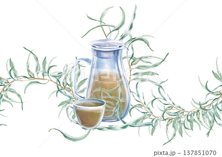 A seamless border featuring a wavy eucalyptus branch, a pitcher and a cup. Isolated watercolor illustration for wedding invitations, cosmetics, greeting cards, articles on medicine, ecology, plants. A seamless border featuring a wavy eucalyptus branch, a pitcher and a cup. Isolated watercolor illustration for wedding invitations, cosmetics, greeting cards, articles on medicine, ecology, plants. 137851070