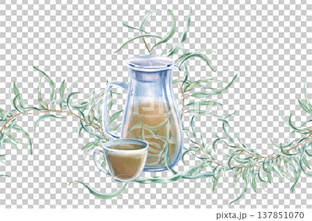 A seamless border featuring a wavy eucalyptus branch, a pitcher and a cup. Isolated watercolor illustration for wedding invitations, cosmetics, greeting cards, articles on medicine, ecology, plants. A seamless border featuring a wavy eucalyptus branch, a pitcher and a cup. Isolated watercolor illustration for wedding invitations, cosmetics, greeting cards, articles on medicine, ecology, plants. 137851070