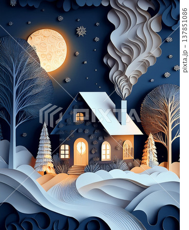 Winter cottage paper art under full moon 137851086