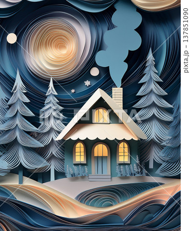 Cozy winter cabin with paper quilling starry skies 137851090