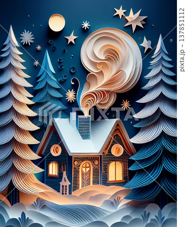 Cozy paper quilling winter cabin landscape scene Cozy paper quilling winter cabin landscape scene 137851112