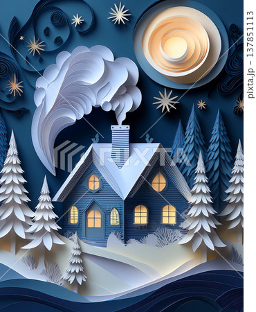 Cozy house in peaceful winter paper craft village Cozy house in peaceful winter paper craft village 137851113