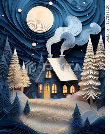 Cozy cabin quilling art in winter forest 137851120