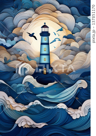 Lighthouse standing among breaking ocean waves 137851170