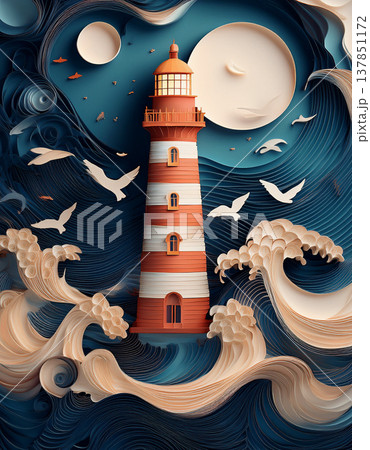 Lighthouse guiding through rough ocean waves quilling art Lighthouse guiding through rough ocean waves quilling art 137851172