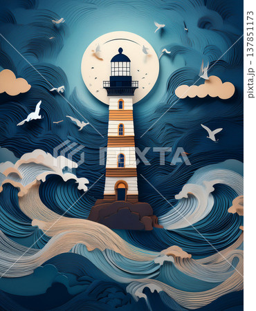 Lighthouse guiding ships through paper cut ocean waves Lighthouse guiding ships through paper cut ocean waves 137851173