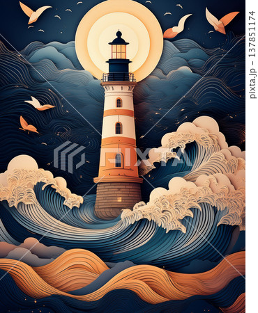 Lighthouse beacon guiding through stormy ocean waves Lighthouse beacon guiding through stormy ocean waves 137851174