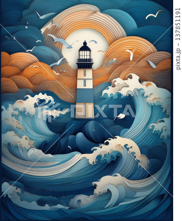 Lighthouse standing strong amidst stormy paper waves Lighthouse standing strong amidst stormy paper waves 137851191