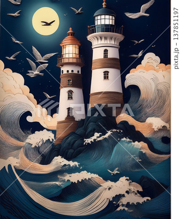 Two lighthouses guiding through stormy ocean waves at night Two lighthouses guiding through stormy ocean waves at night 137851197