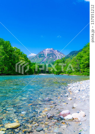 【絶景】初夏の上高地・新緑の梓川と焼岳【長野県】 【絶景】初夏の上高地・新緑の梓川と焼岳【長野県】 137851212