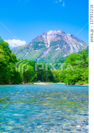 【絶景】初夏の上高地・新緑の梓川と焼岳【長野県】 【絶景】初夏の上高地・新緑の梓川と焼岳【長野県】 137851216