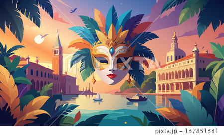 Venice carnival mask floating over city at sunset Venice carnival mask floating over city at sunset 137851331